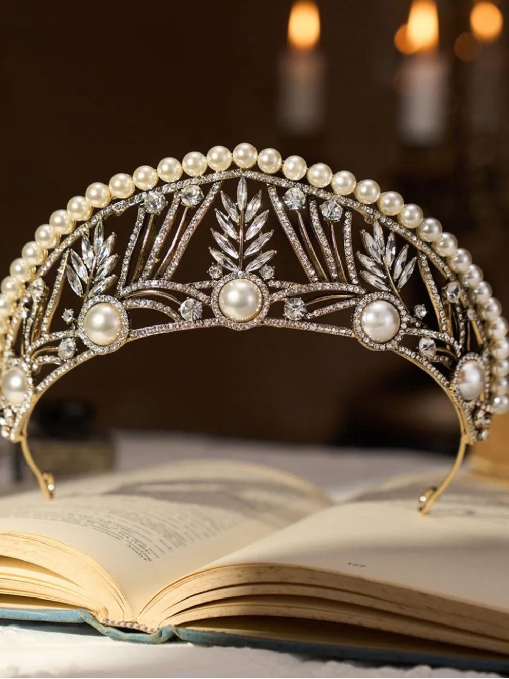 Elegant Pearl and Crystal Tiara Headband - Gold Tone